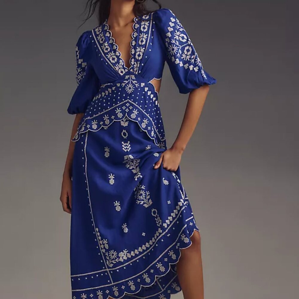 FARM Rio Blue Embroidered Cut Out Midi Dress